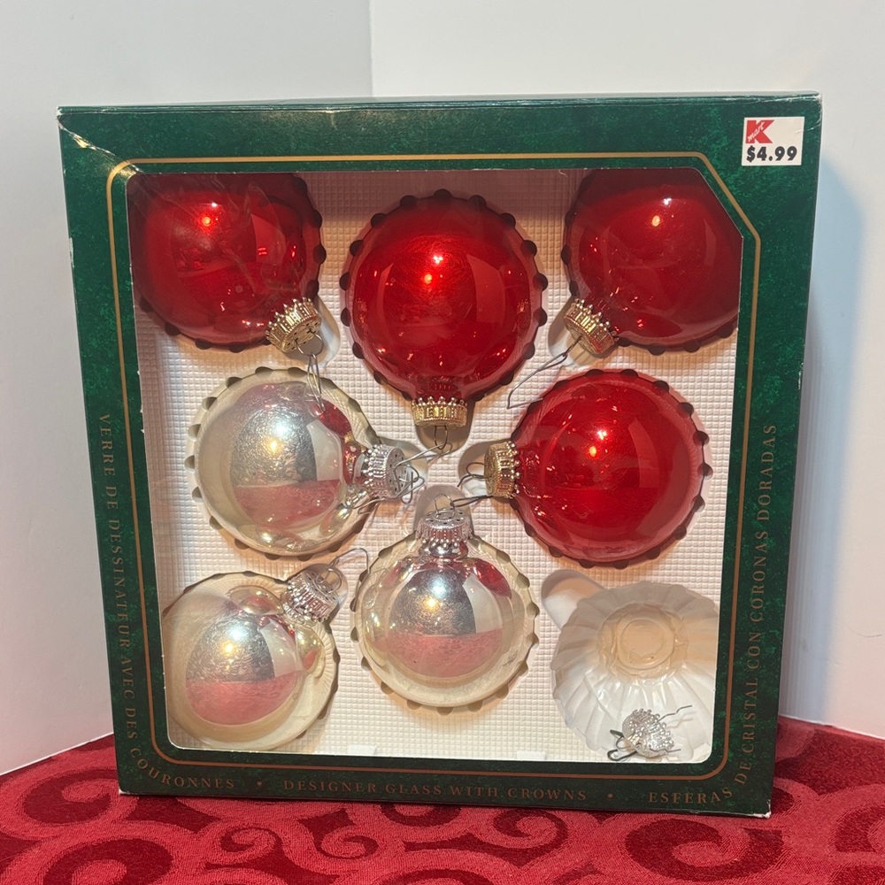 7 Vintage K-Mart Krebs Holiday Glass Ornaments Set - Red and Silver